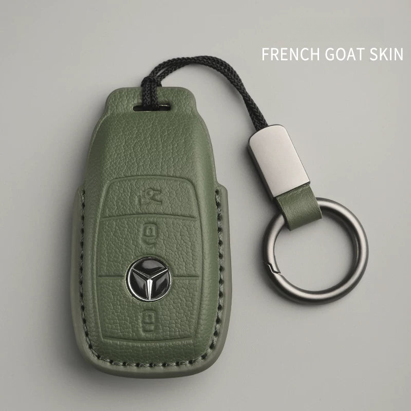 Mercedes-Benz French goatskin key case – Style B, Olive Green, Key Ring