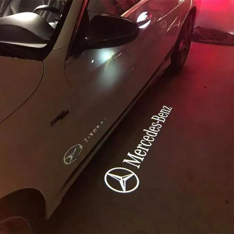 Mercedes-Benz logo light carpet projected from the side mirror of a Mercedes