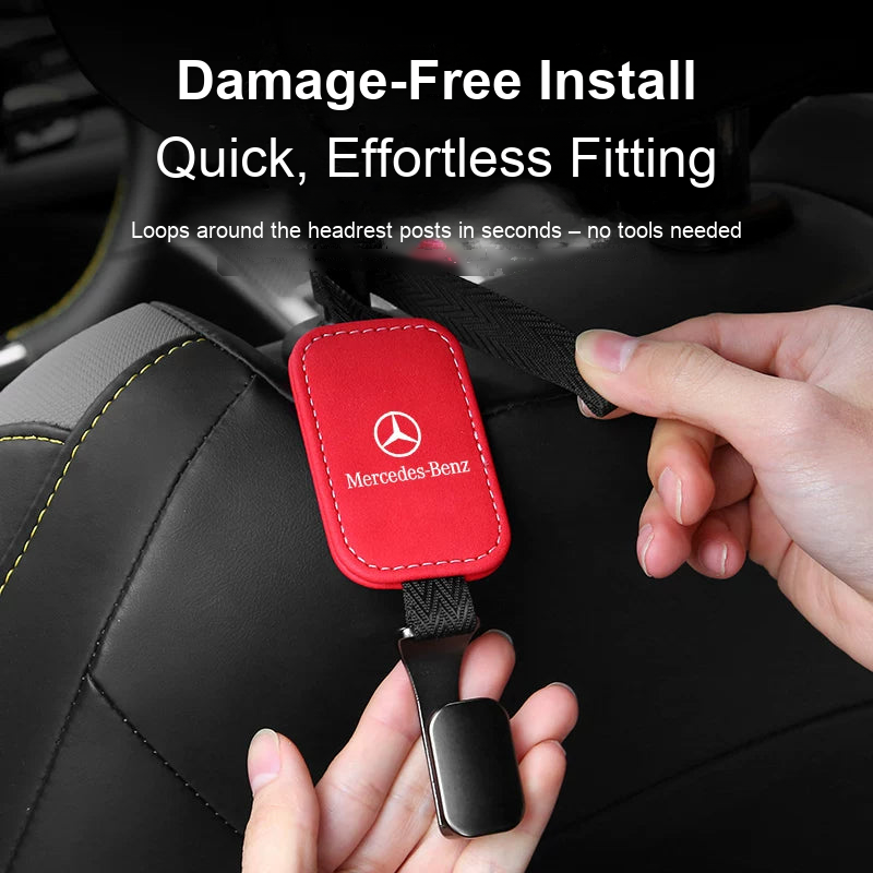 Installing the Mercedes-Benz suede seat back hook around the headrest posts