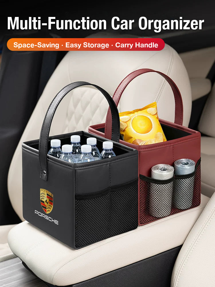 Porsche car storage box organizer in black and wine red on the rear armrest