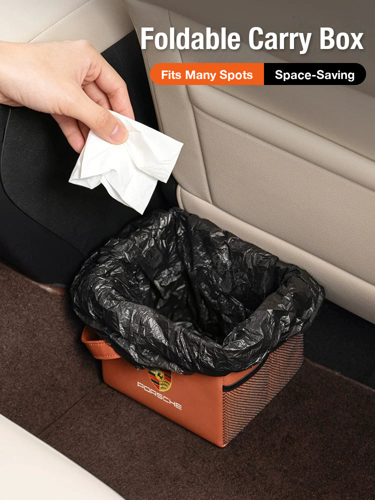 Porsche foldable carry box used as an in-car trash bin behind the front seat