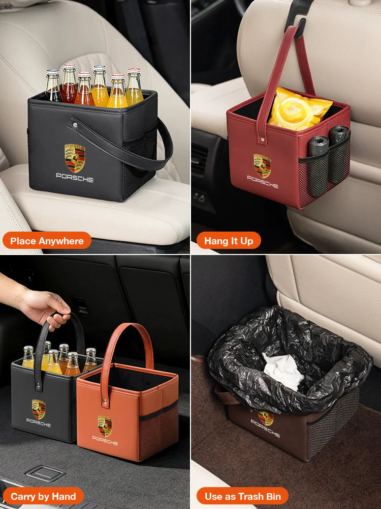 Porsche car organizer box: stand, hang on headrest, carry by hand or use as a trash bin