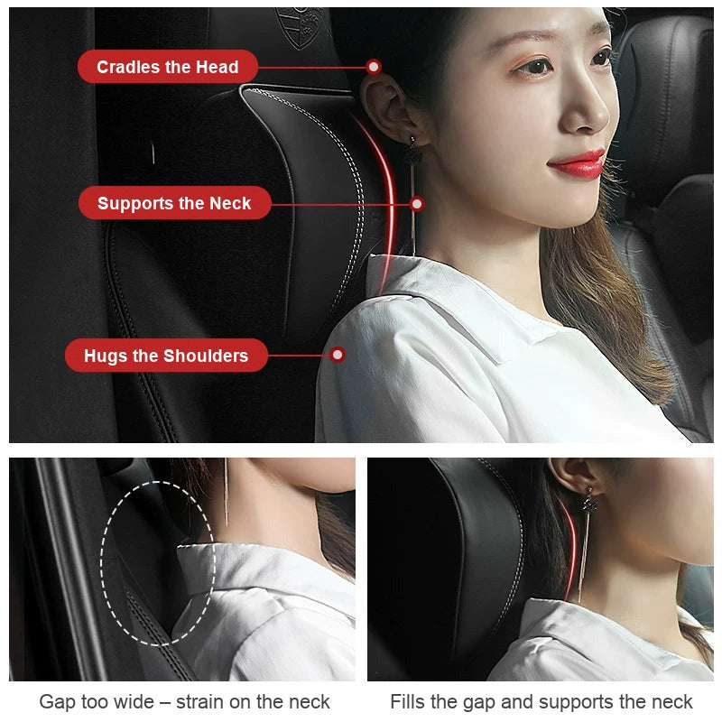 Ergonomic Porsche leather headrest cradles the head, neck and shoulders