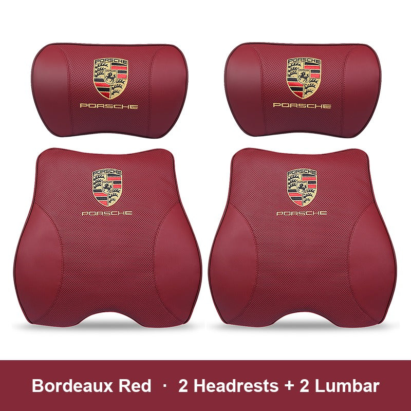 Porsche leather headrest pillow – Bordeaux Red, 2 Headrests + 2 Lumbar