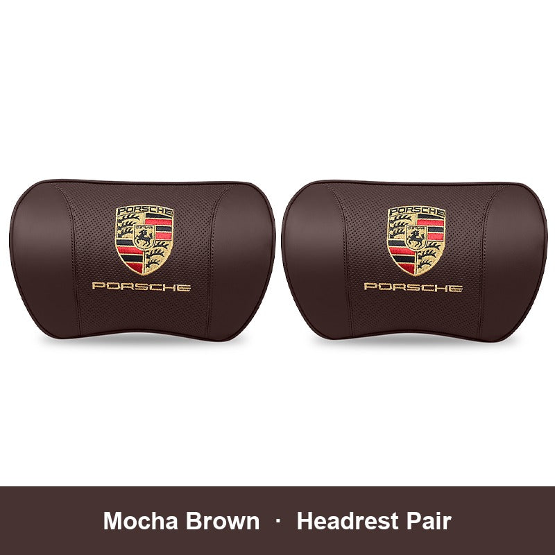 Porsche leather headrest pillow – Mocha Brown, Headrest Pair