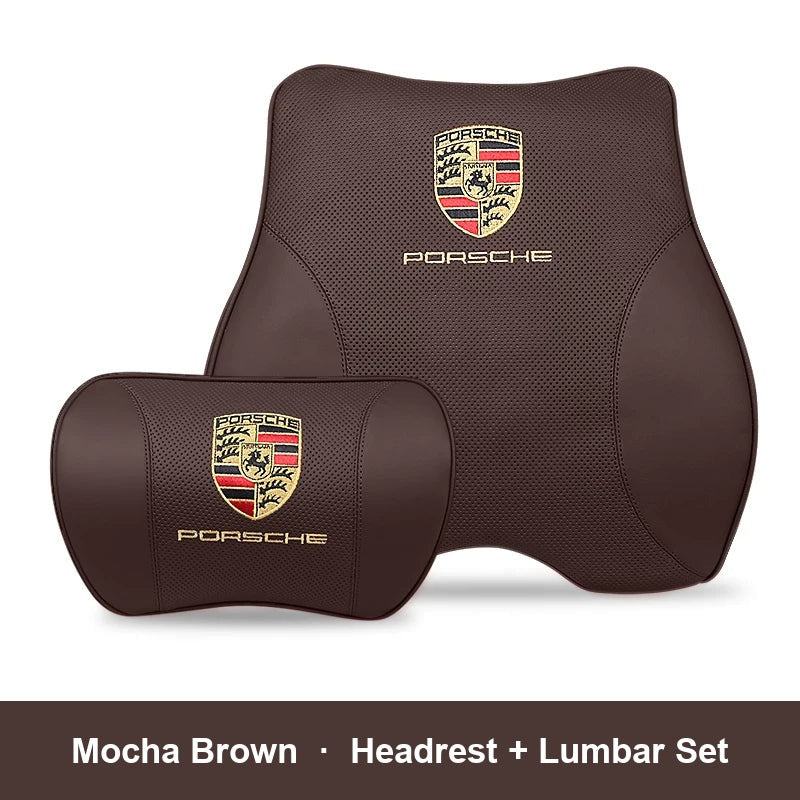 Porsche leather headrest pillow – Mocha Brown, Headrest + Lumbar Set
