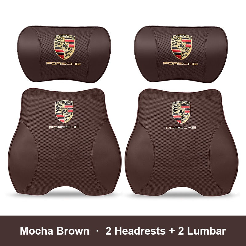 Porsche leather headrest pillow – Mocha Brown, 2 Headrests + 2 Lumbar