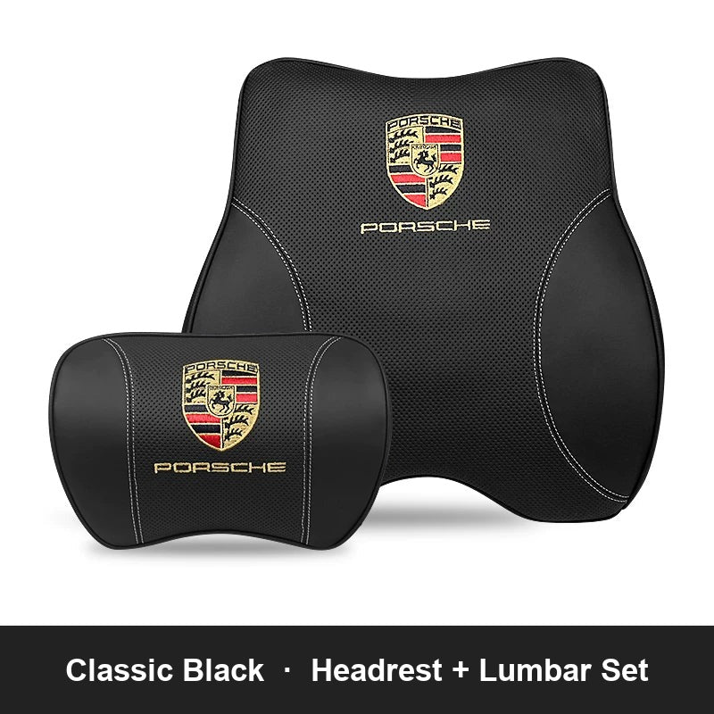 Porsche leather headrest pillow – Classic Black, Headrest + Lumbar Set