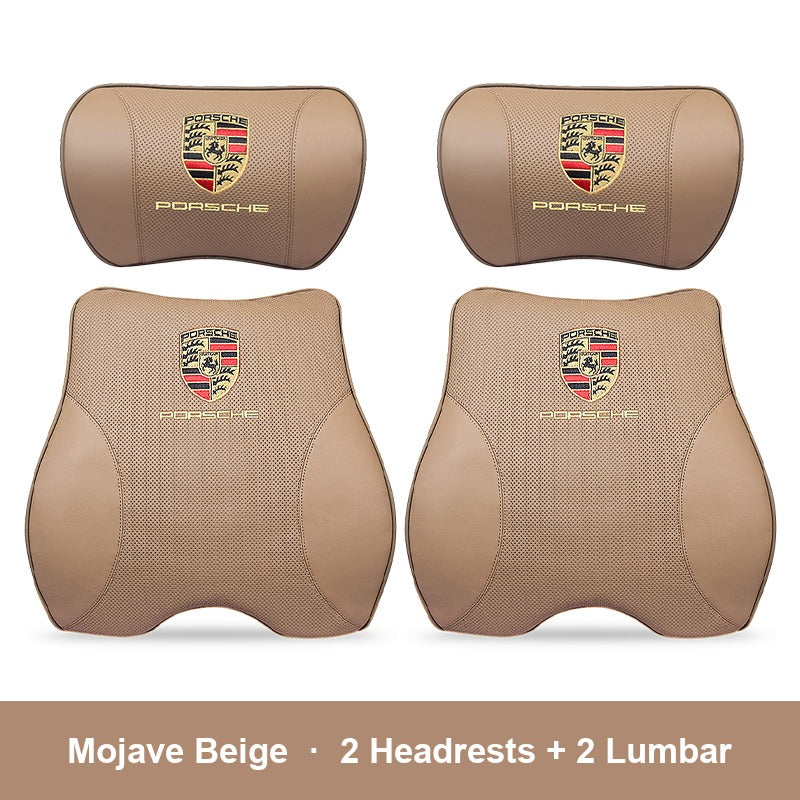 Porsche leather headrest pillow – Mojave Beige, 2 Headrests + 2 Lumbar