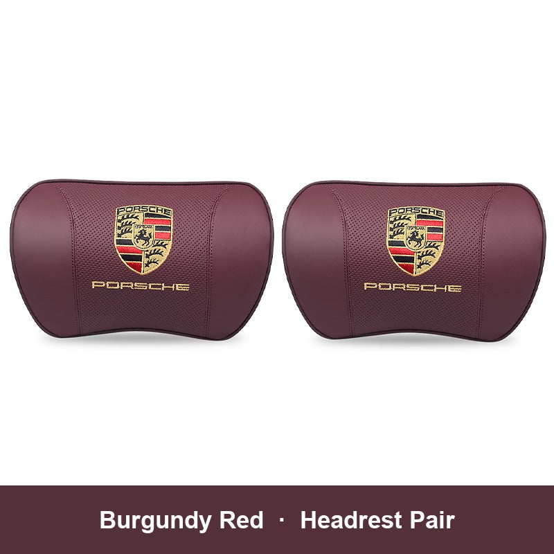 Porsche leather headrest pillow – Burgundy Red, Headrest Pair
