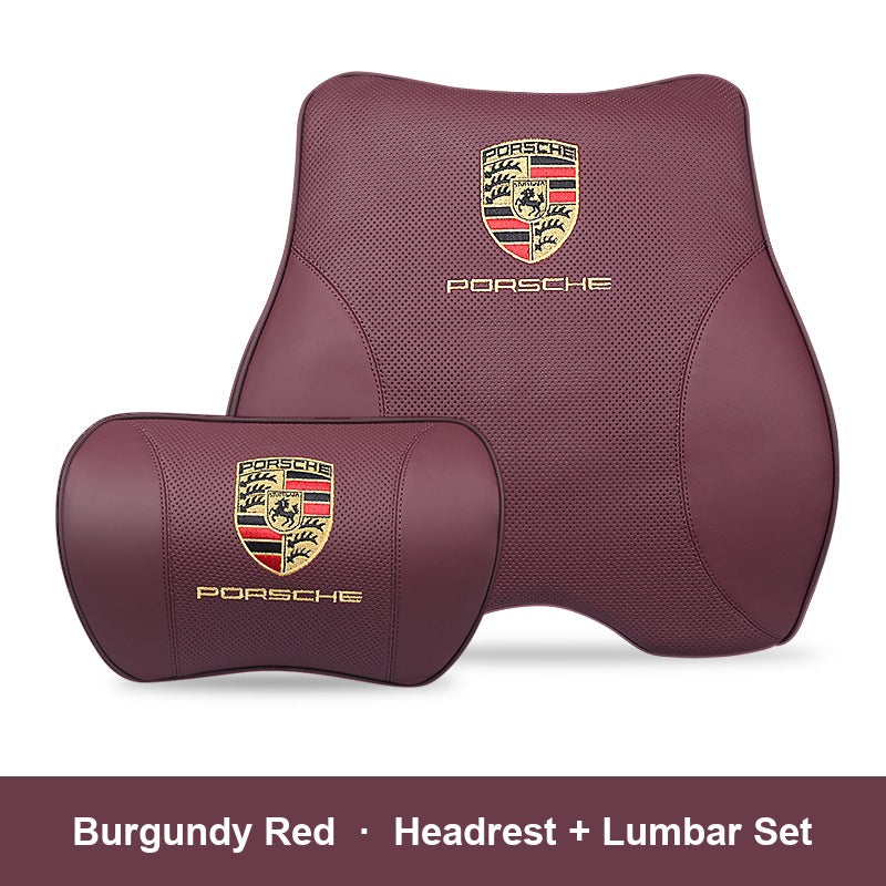Porsche leather headrest pillow – Burgundy Red, Headrest + Lumbar Set