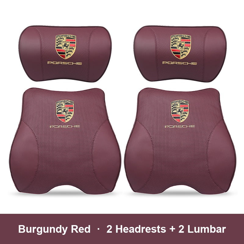 Porsche leather headrest pillow – Burgundy Red, 2 Headrests + 2 Lumbar