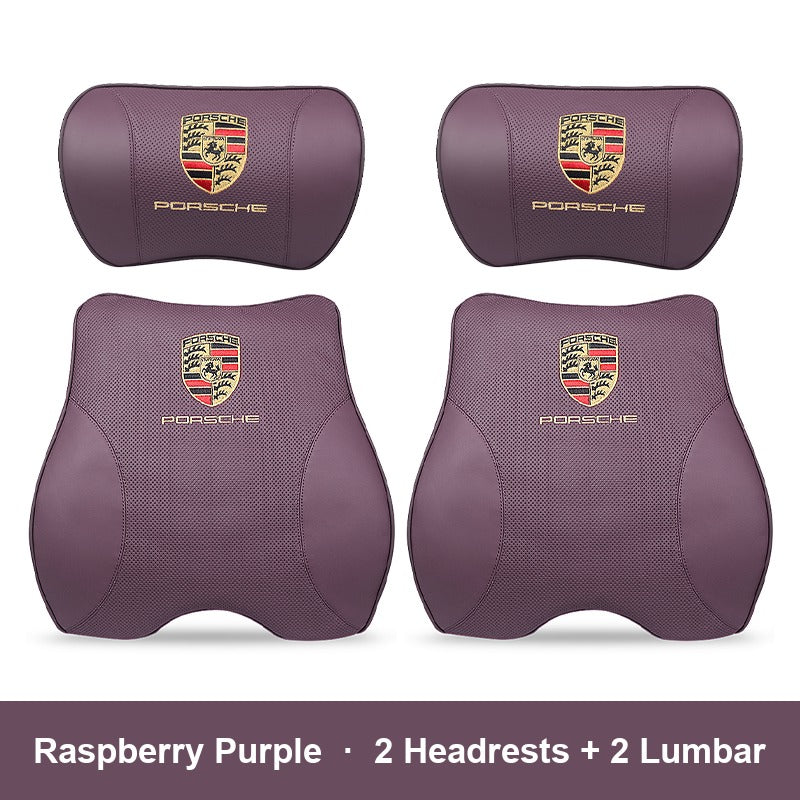 Porsche leather headrest pillow – Raspberry Purple, 2 Headrests + 2 Lumbar