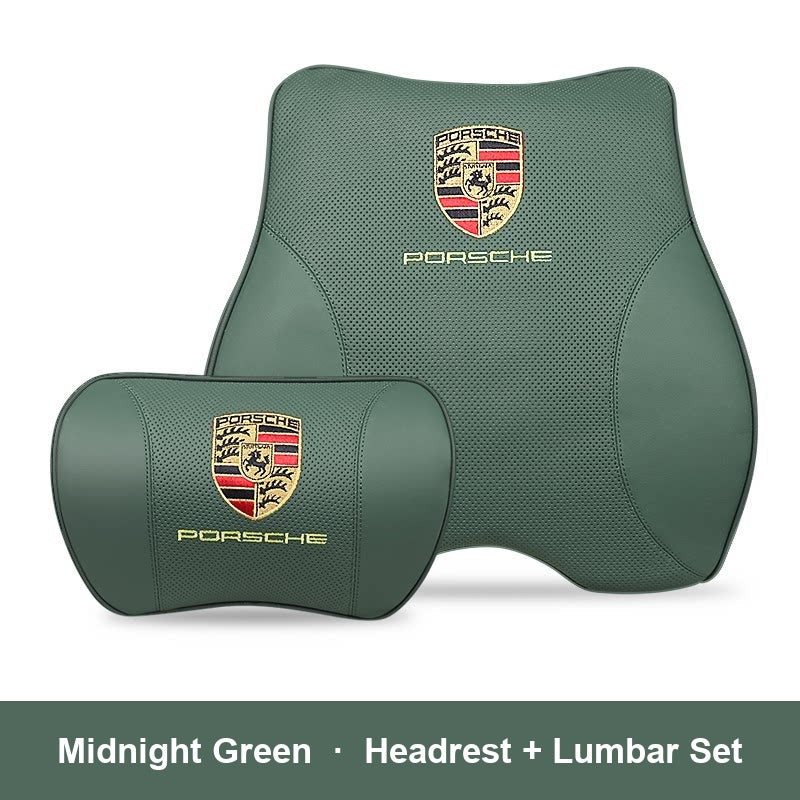 Porsche leather headrest pillow – Midnight Green, Headrest + Lumbar Set