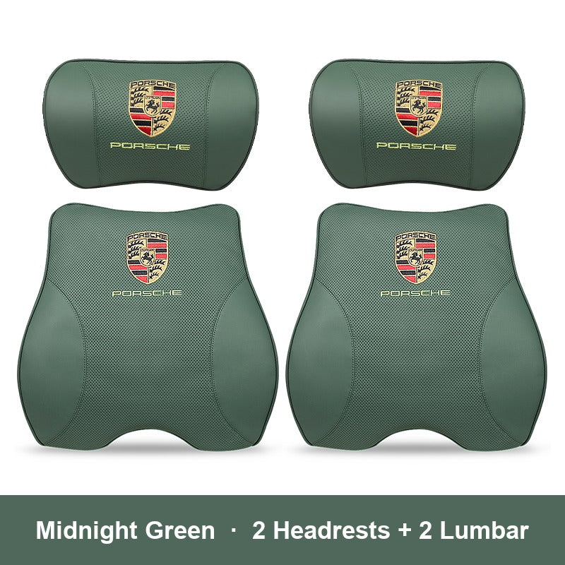 Porsche leather headrest pillow – Midnight Green, 2 Headrests + 2 Lumbar