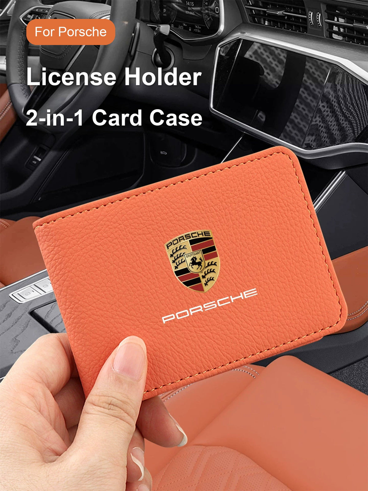 Porsche crest leather driving license holder in orange, 2-in-1 license and registration case