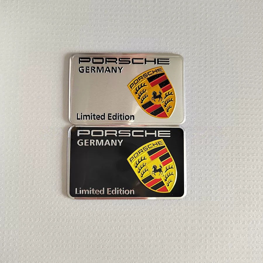 Porsche Germany Limited Edition badge in silver and black colour options