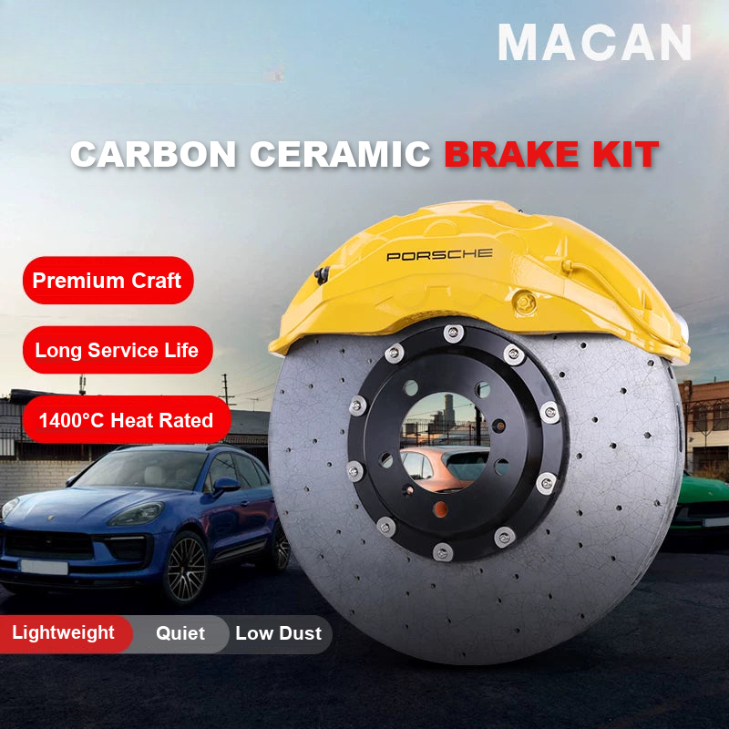 Porsche Macan carbon ceramic brake kit with yellow caliper and drilled carbon ceramic disc