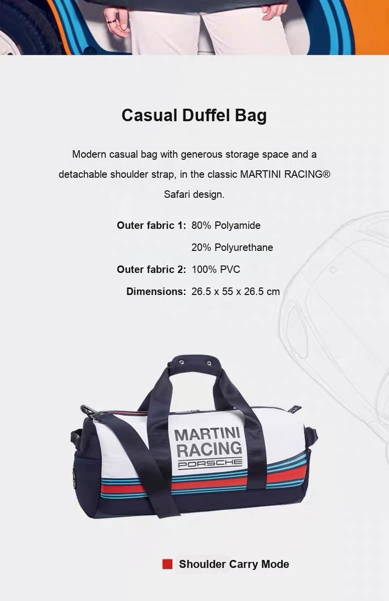 Porsche Martini Racing Safari duffel bag materials and dimensions 26.5 x 55 x 26.5 cm