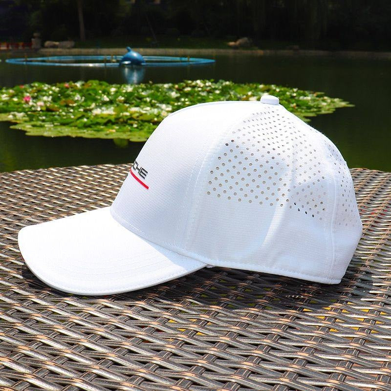 Side view of the white Porsche Motorsport cap showing perforated vents