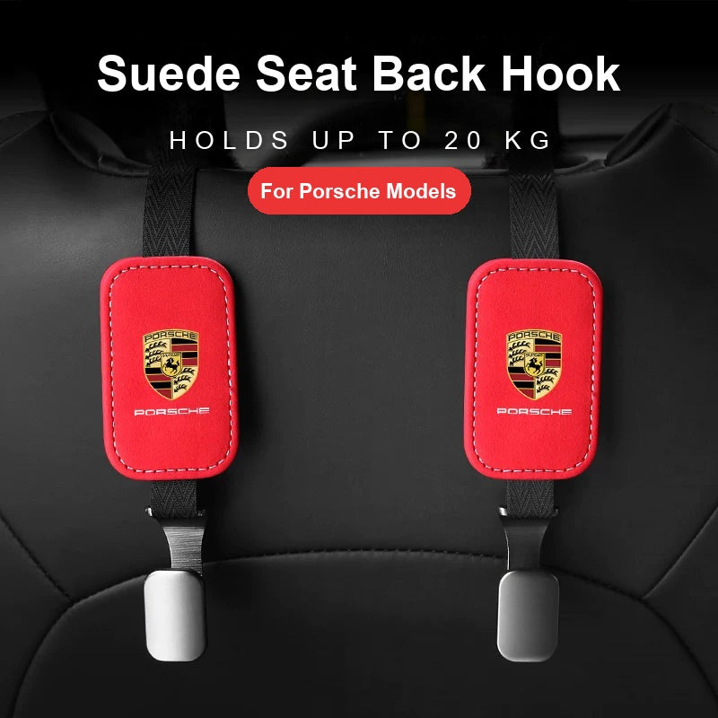Porsche suede seat back hooks in red, pair