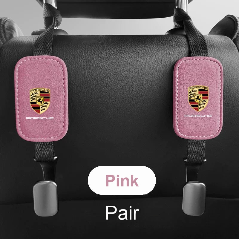 Porsche suede seat back hooks in pink, pair
