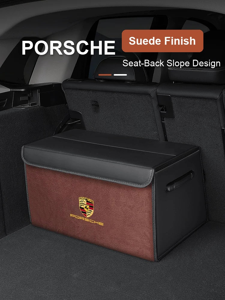 Porsche suede-finish trunk organizer in brown inside a car trunk