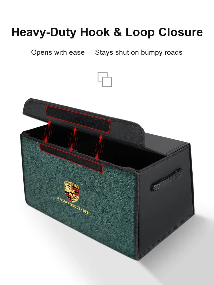 Heavy-duty hook and loop lid closure on the Porsche trunk box