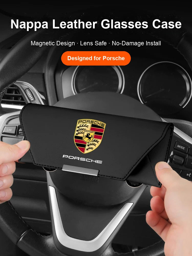 Porsche magnetic Nappa leather sunglasses case on steering wheel