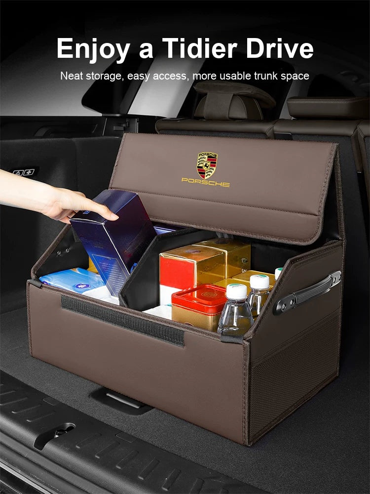 Porsche trunk organizer packed with travel essentials