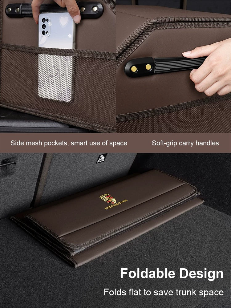 Porsche trunk organizer side mesh pocket, carry handle and folded flat