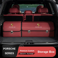 Porsche Crest Heritage Trunk Organizer – Foldable Chrome-Latch Cargo Box with 180° Opening