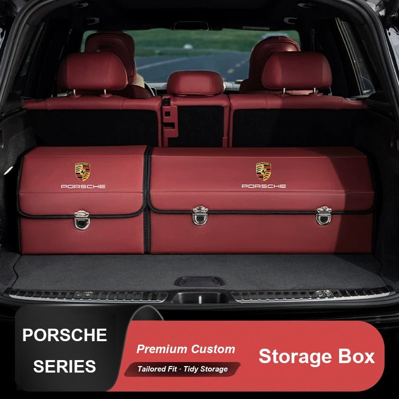 Porsche crest trunk organizer set in Bordeaux Red inside an SUV trunk