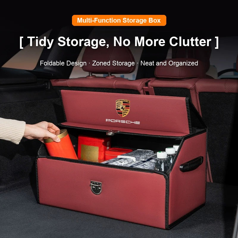 Porsche trunk organizer open with neatly stored items - tidy storage, no more clutter