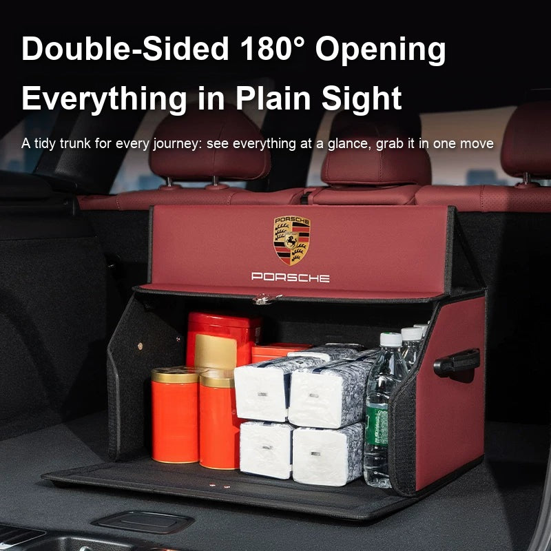 Porsche trunk organizer with double-sided 180 degree opening