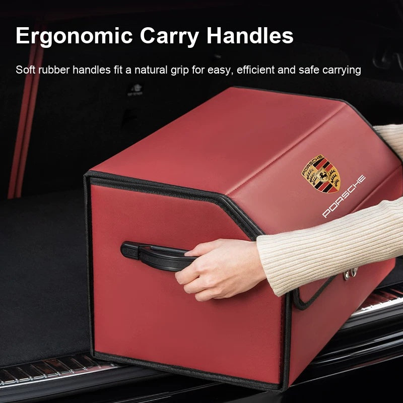 Porsche trunk organizer with ergonomic soft carry handles
