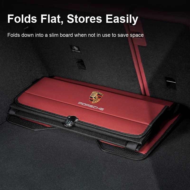 Porsche trunk organizer folded flat for easy storage