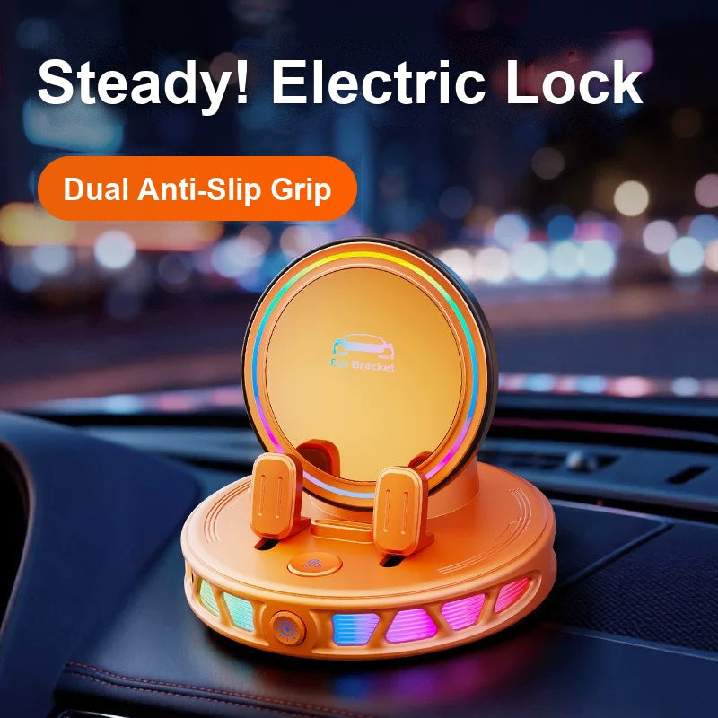Sunset Orange RGB car phone mount with electric lock and dual anti-slip grip