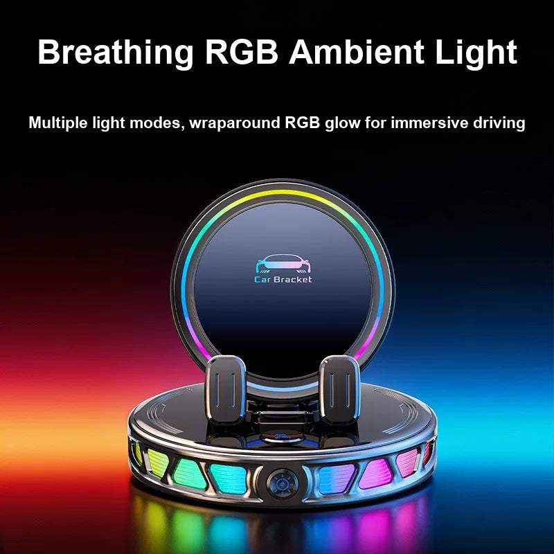Breathing RGB ambient light ring on wireless charging dashboard phone mount