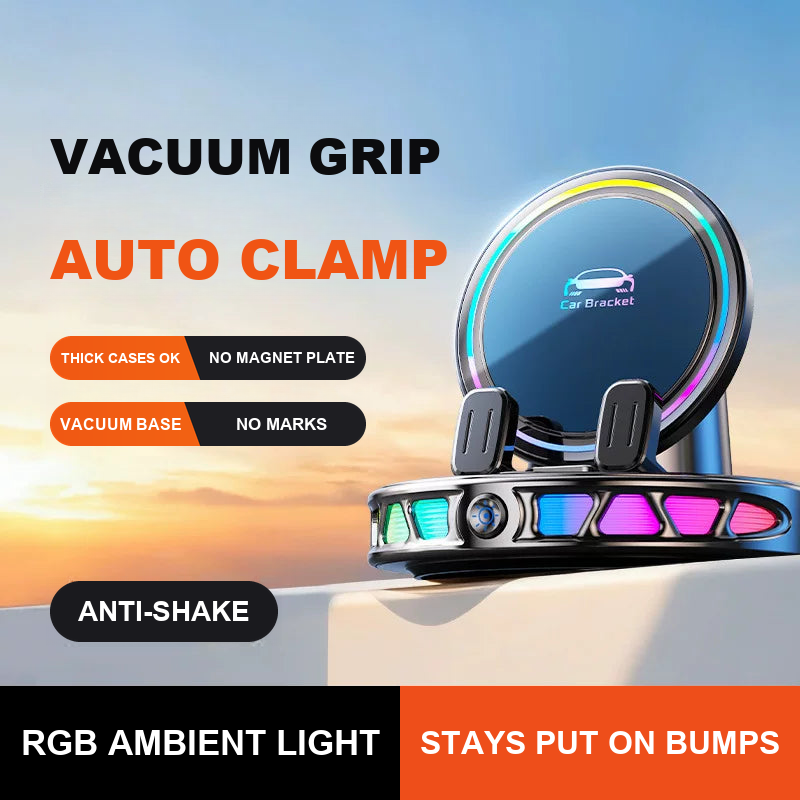 Aurora Halo RGB wireless charging car mount with vacuum grip and auto clamp