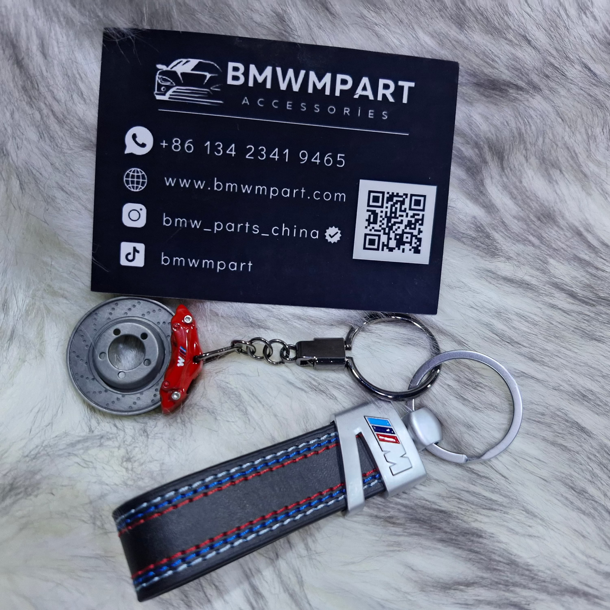 BMW M red brake disc keychain with leather strap