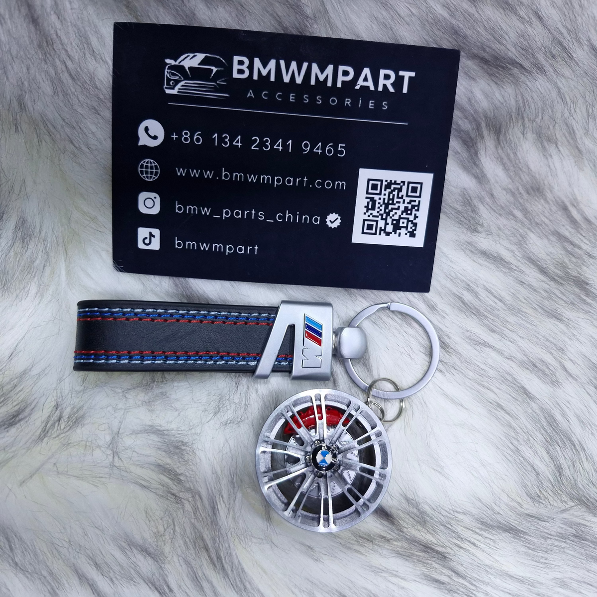 BMW M aluminum alloy wheel keychain with leather strap