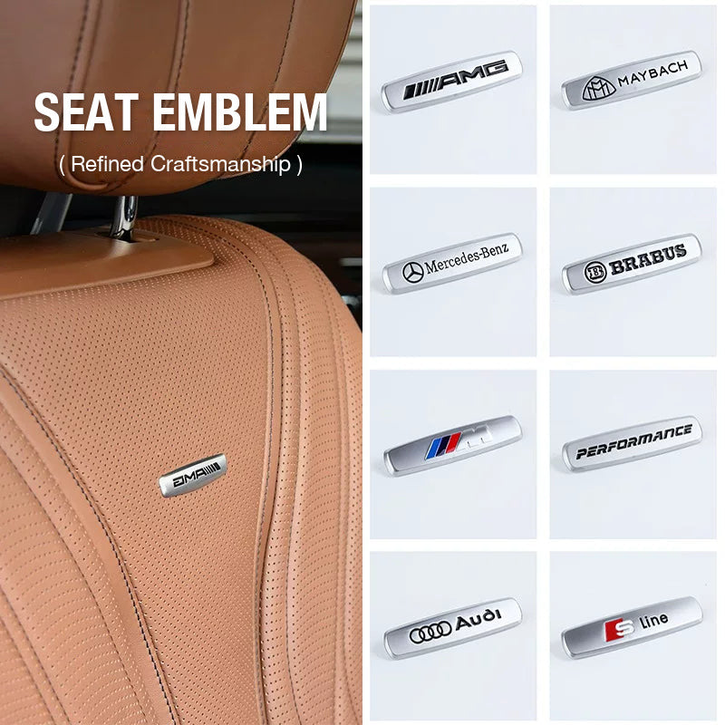 Brushed metal seat backrest emblem on a tan leather seat – AMG, Maybach, Mercedes-Benz, Brabus, BMW M, M Performance, Audi and S line designs