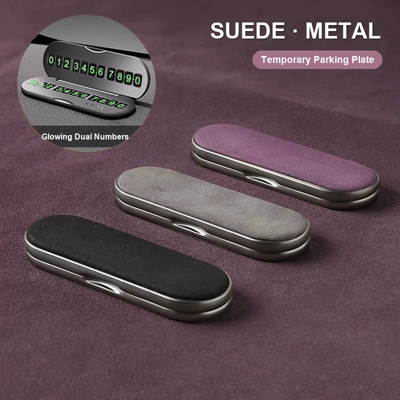Suede and metal temporary parking number plate in black, grey and purple
